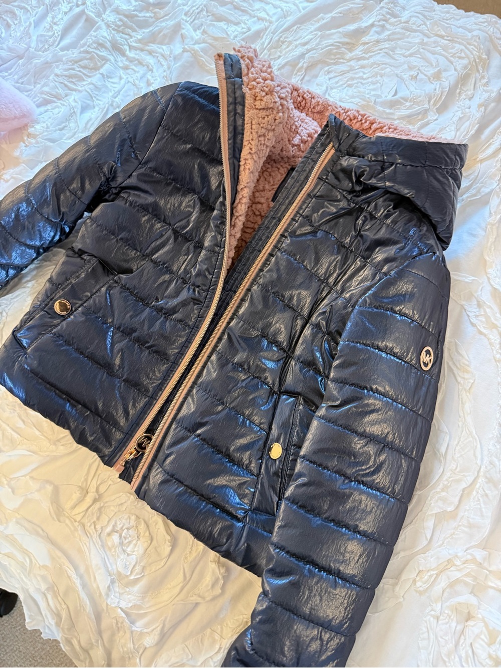 Michael Kors Navy Puffer Jacket with Blush Sherpa Lining